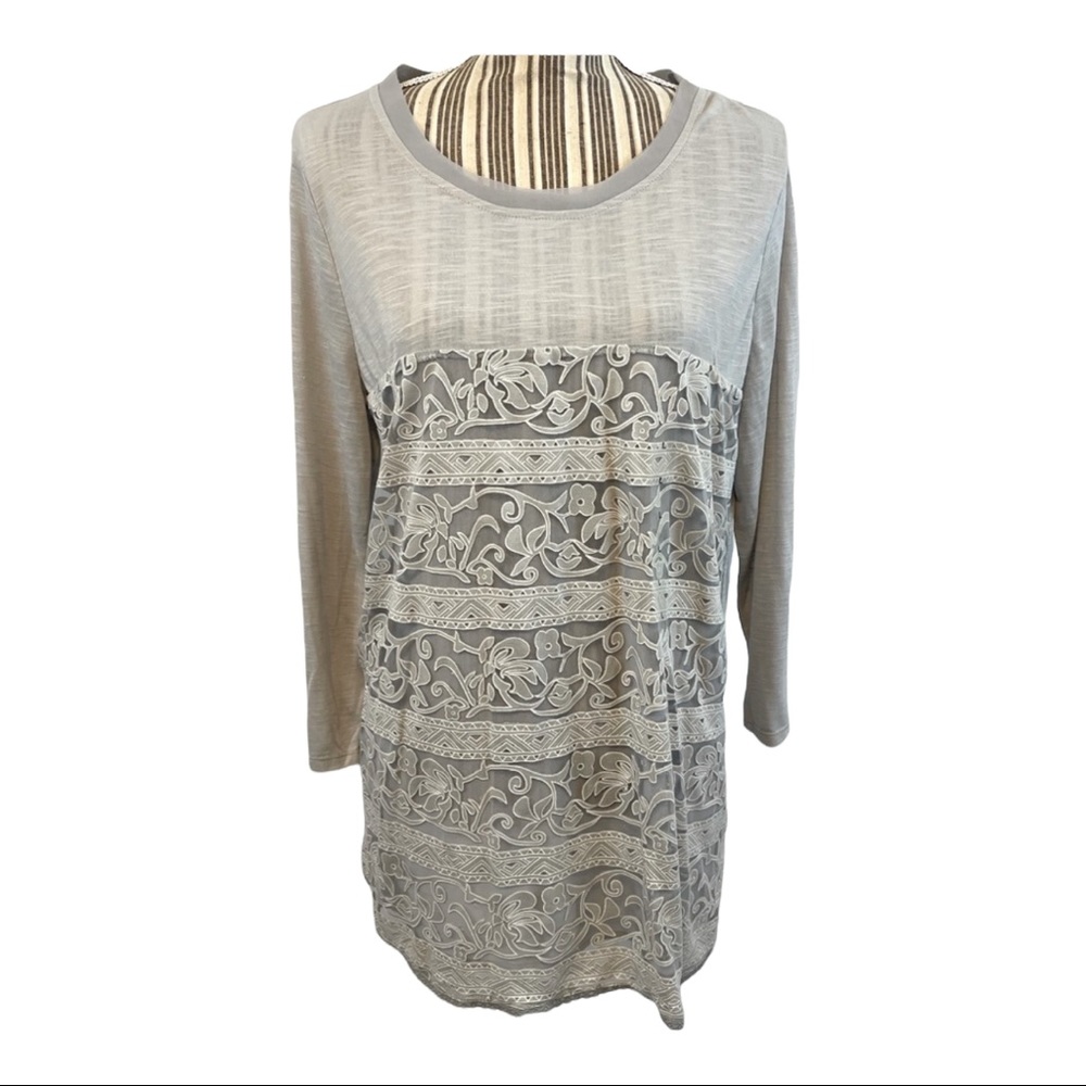NWT long sleeve lace gray blouse large sheer Hannah